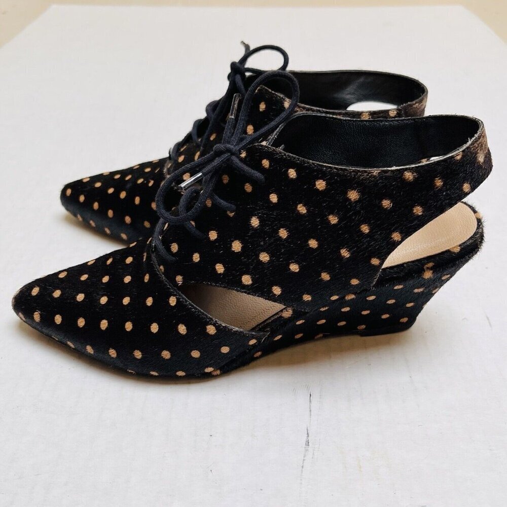 Loeffler Randal Wedge Sandals Womens 6.5 Polka Dot Black Lace Up Wedding Party
